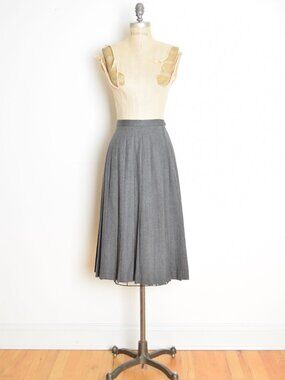 vintage 80s midi skirt gray wool pleated high waist rise full secretary XS S